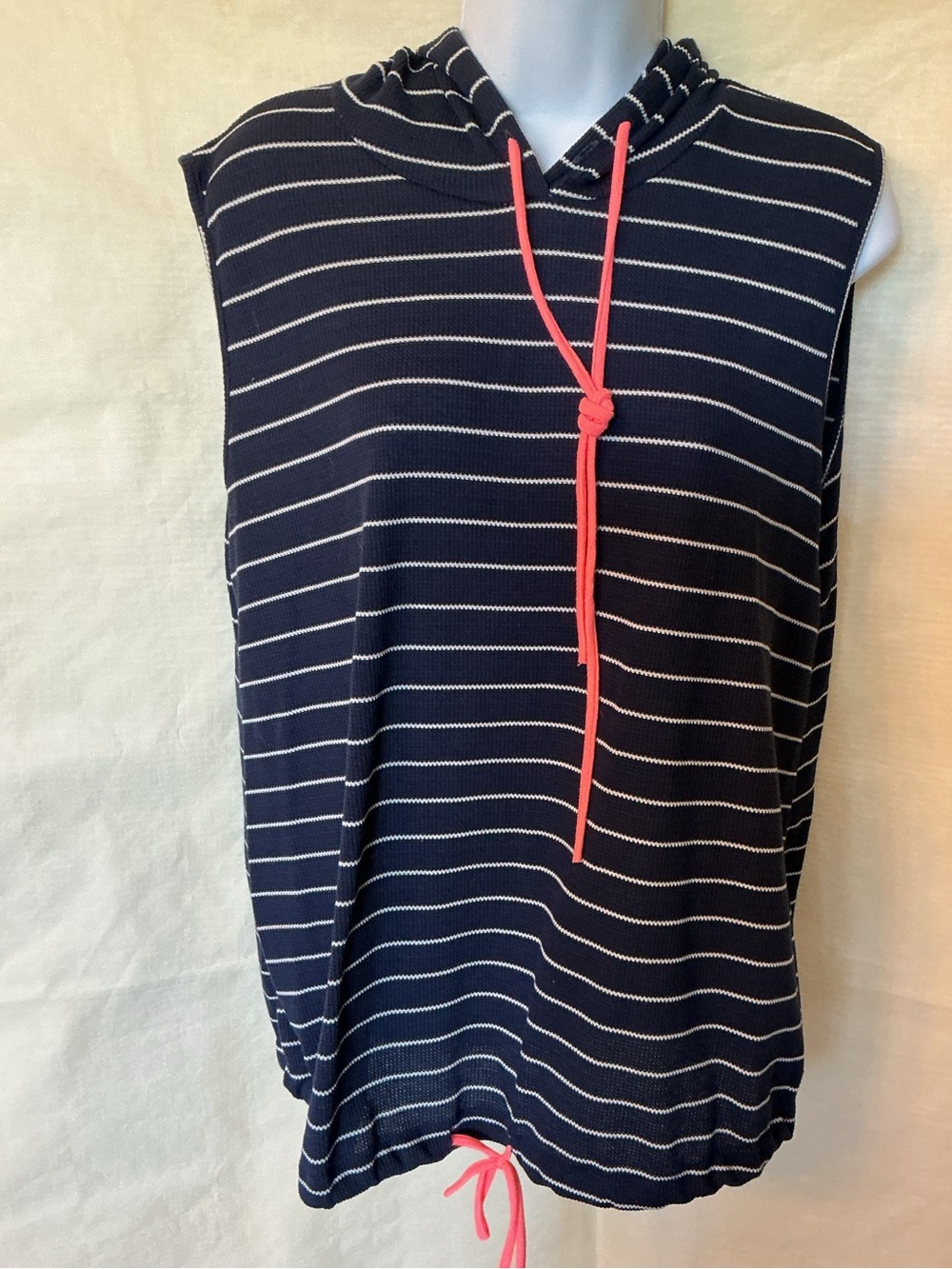 Lovely Melody Navy and White Striped Sleeveless Hoodie with Coral Drawstrings